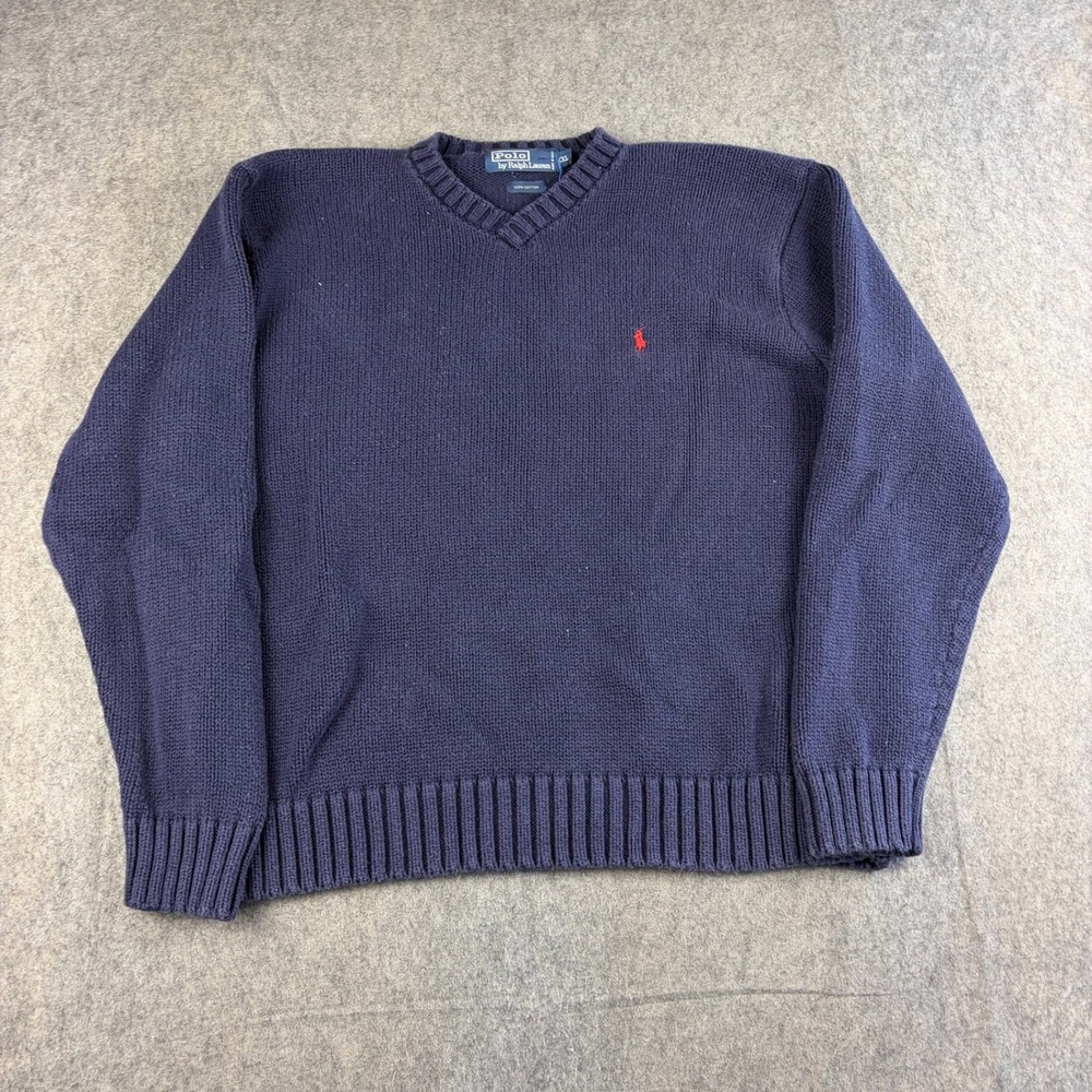 Polo Ralph Lauren Men Knit Sweater XXL Navy Blue V-Neck Cotton Red Pony Pullover